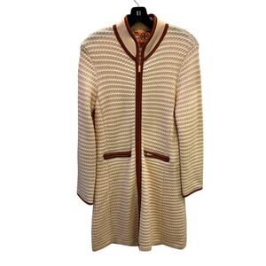 Tory Burch Cream Brown Merino Wool Leather Trim Sweater Jacket Womens Medium